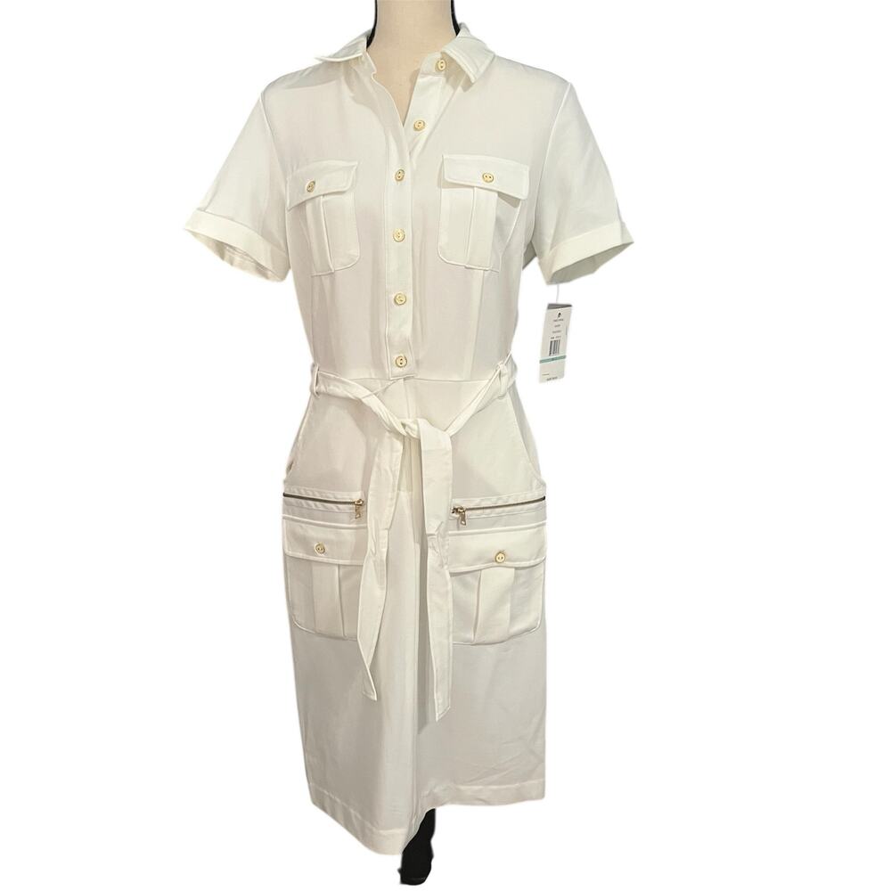 Zac & Rachel NEW Women's Ivory Classic Button Up Belted Career Wear Dress Sz 8